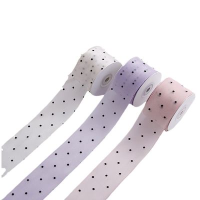 kwaliteit  25mm-50mm Organza Ribbon With Dot Pattern Printed Polyester Organza Ribbon OEM Eco Friendly fabriek